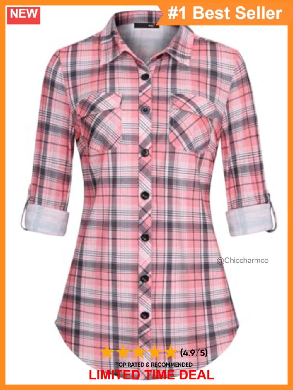 Womens Soft Stretchy Knit Plaid Button Down Shirt Roll Up Sleeve Collared Blouse